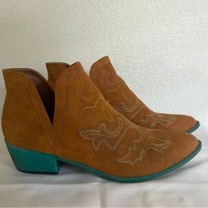 Jolimall Western Cowgirl Bootie- Teal & Cognac